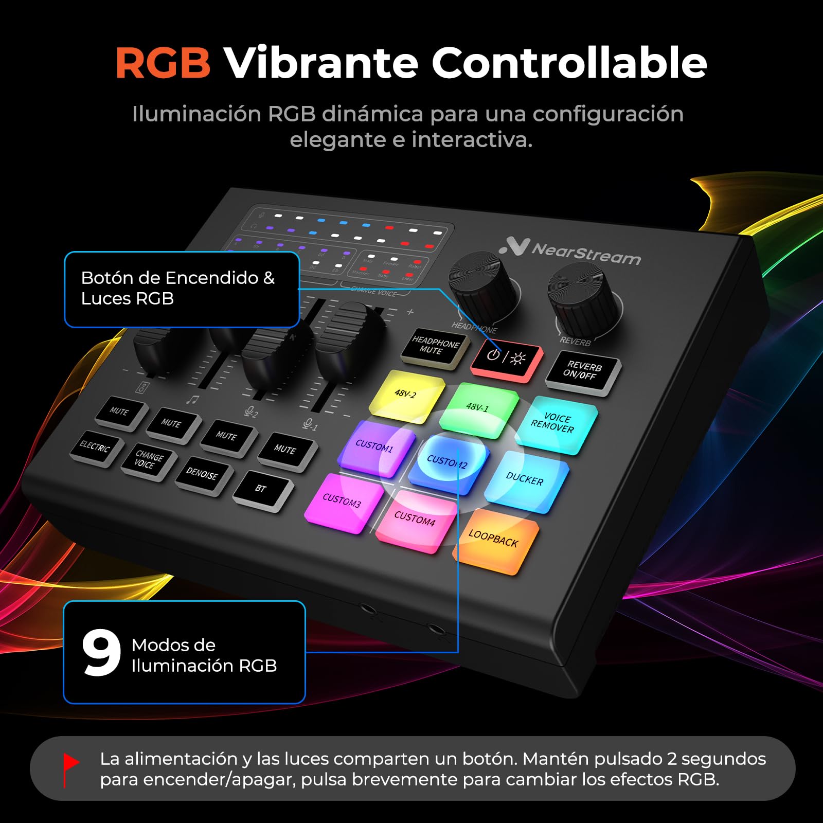 NearStream Mezclador gaming con preamp mic, doble entrada XLR/6.35mm, 48V, RGB, cambiador de voz, pads, loopback – Interfaz audio para streaming, podcast y música (AMIX20U)