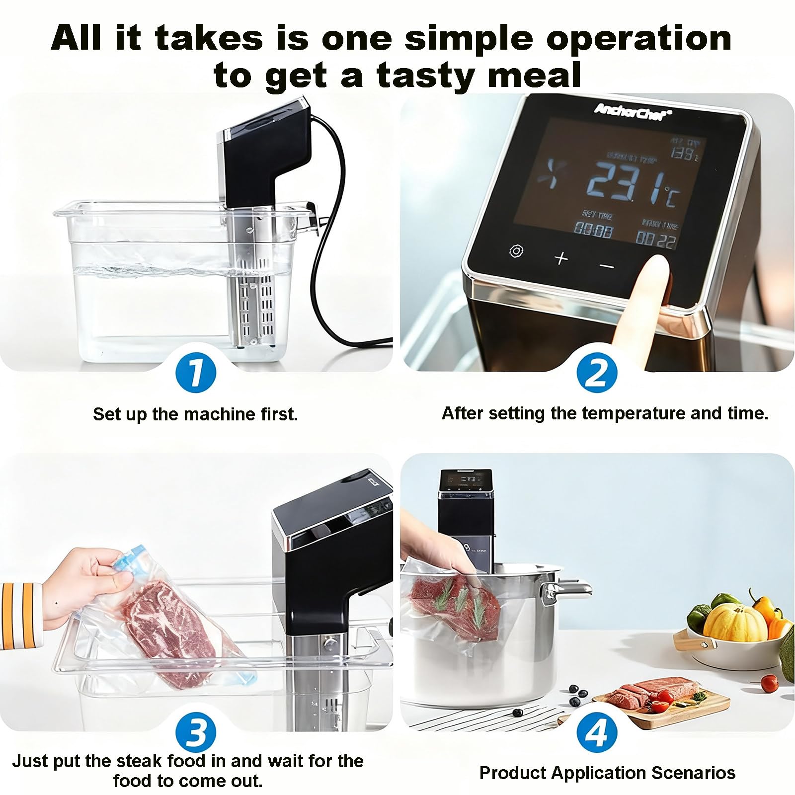 Precision Termocircolatore Domestico, Immersione per Cotture a Bassa Temperatura 1600W, Volume Massimo dell'Acqua 70 Litri, Cottura Sottovuoto per Cena in Famiglia, Pasti Natale