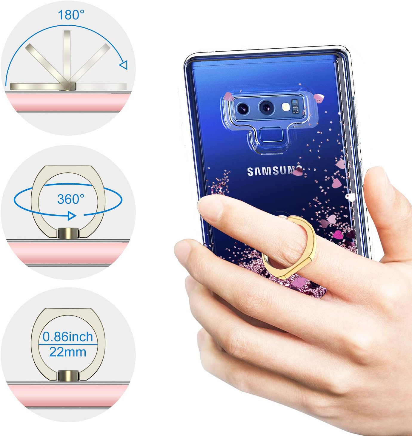 LeYi Samsung Galaxy Note 9 Case with 3D PET Screen Protector [2 Pack] for Girls Women, Cute Glitter Shiny Quicksand Clear Phone Case with Car Ring Holder Kickstand for Samsung Note 9 ZX Rose Gold