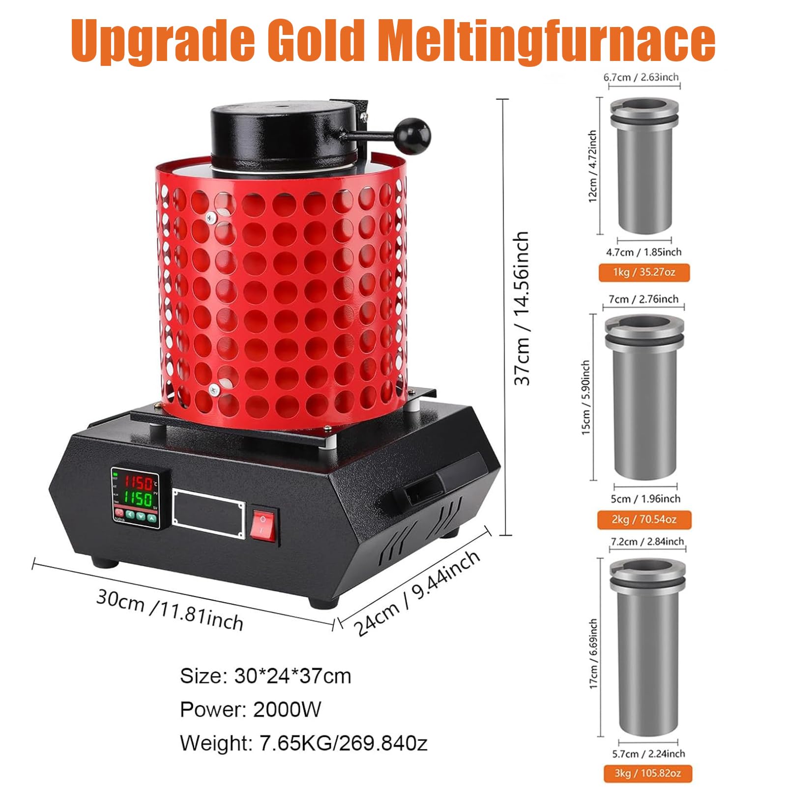 Przemysłowy Piec Do Topienia Metalu 2000 W – Piec Do Topienia Złota I Metali Szlachetnych O Pojemności 1 Kg/2 Kg/3 Kg I Siatce Zabezpieczającej 1150 ℃ Topienie O Wysokiej Wydajności