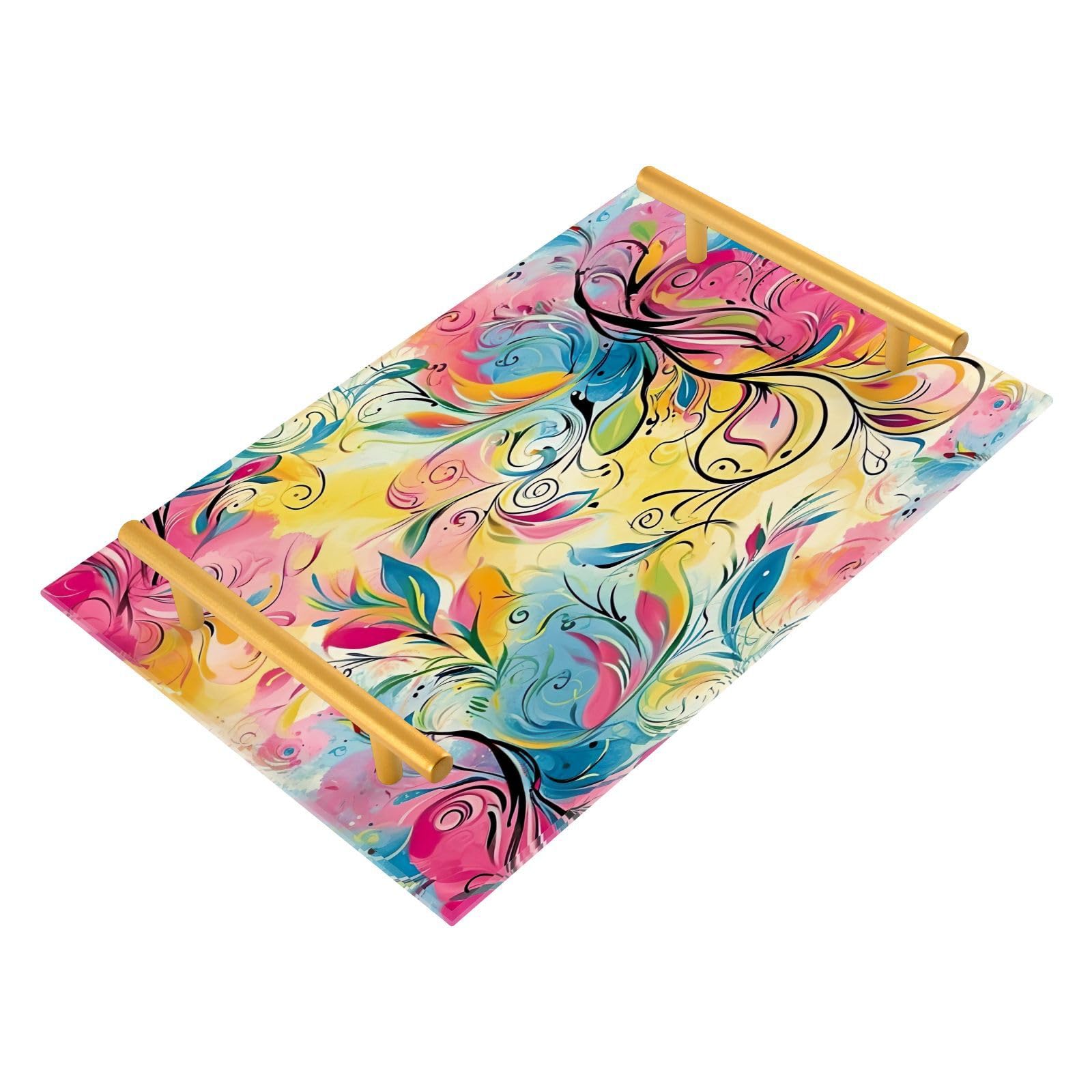 Wassud Bathroom Vanity Tray with Handles Abstract Floral Acrylic Jewelry Perfume Organizer for Bathroom Kitchen Counter 11.81
