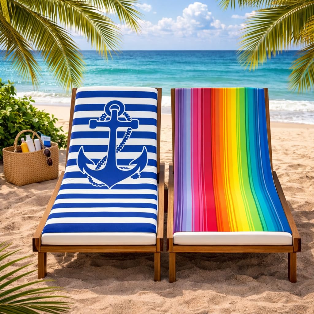 Adore 2 Pack Microfibre Beach Towels 70x140cm - Sand Free Lightweight Quick Dry - Soft Travel Towels for Beach and Pool, Anchor and Stripes