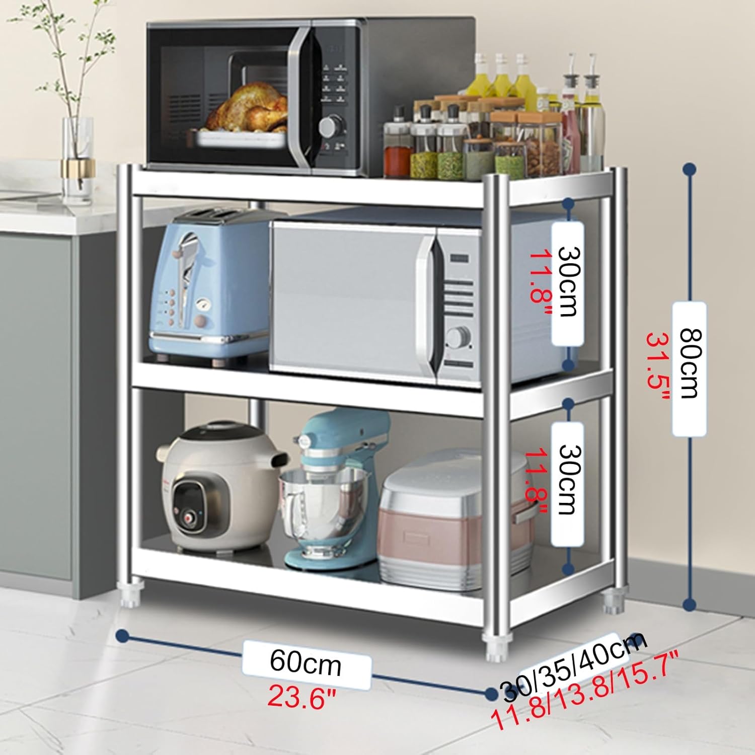 Stainless Steel Shelf 3 Tier Kitchen Industrial Workbench Kitchen Garage Heavy Duty Shelf Prep Table 3 Adjustable Tier Height Work Table(60x40x80cm/23.6x15.7x31.5)