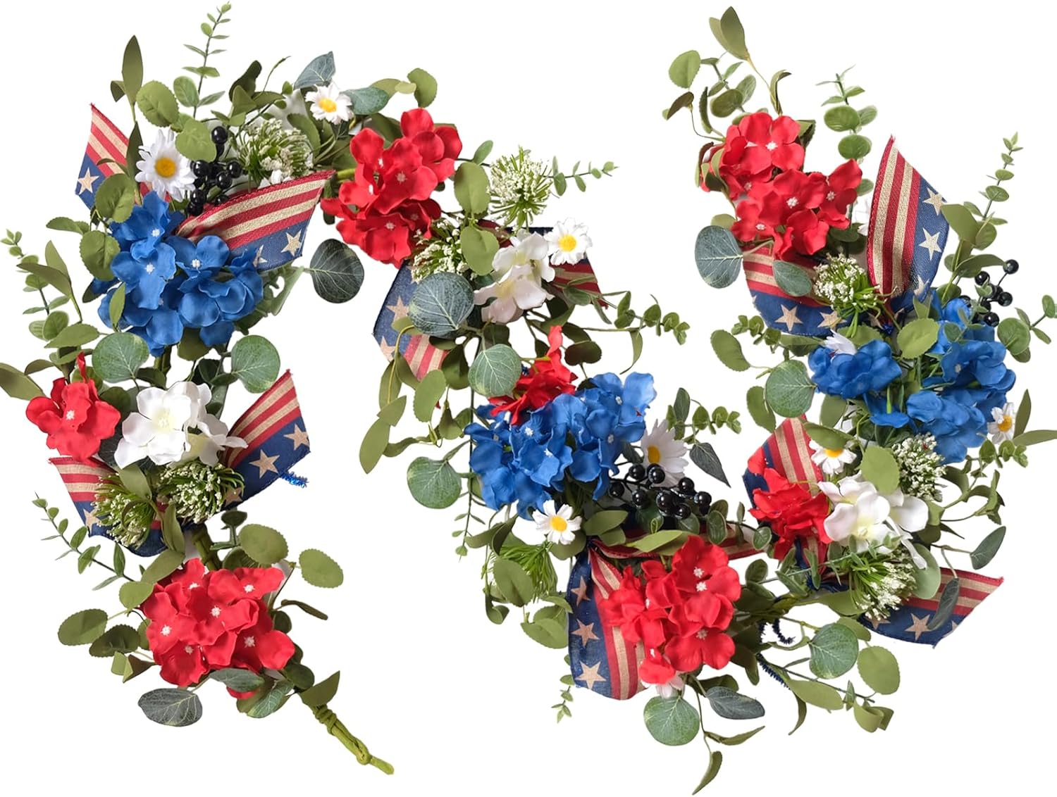 Set of 2PCS 4th of July Red White Blue Teardrop Wreaths for Front Door, Independence Patriotic Swags for Indoor Outdoor, Memorial Day Flowers Swag Wreath for Home Decor
