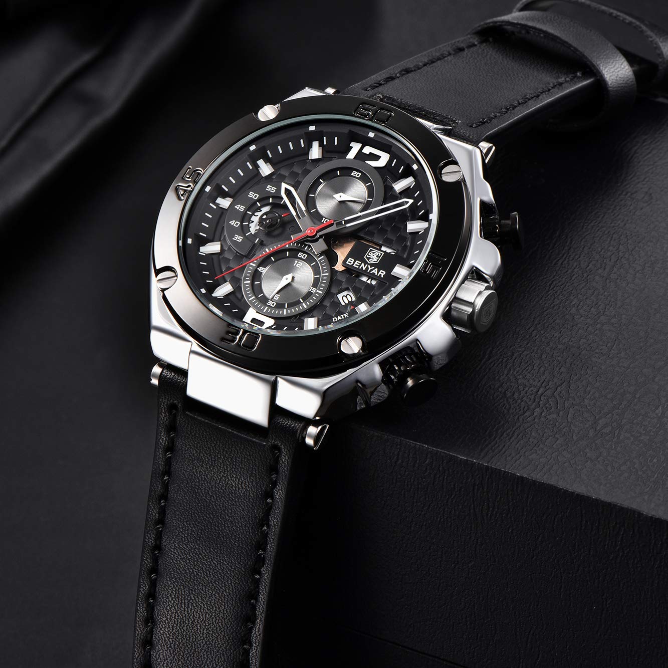 Benyar reloj de pulsera para hombre, cuarzo, cronógrafo, fecha, 3 ATM, resistente al agua, diseño deportivo, correa de cuero, Negro 8