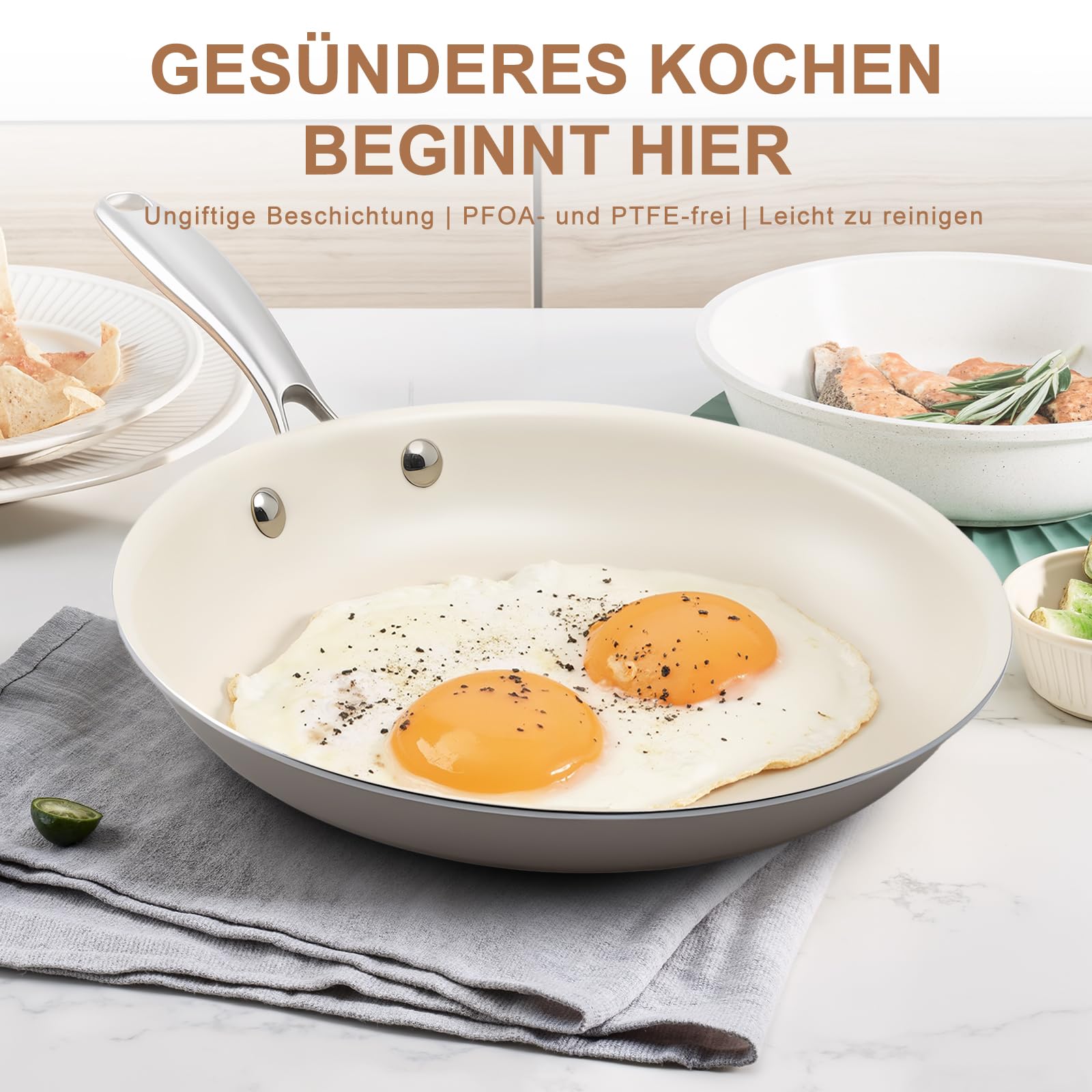Antihaft Bratpfanne Keramik-beschichtet (23cm+27cm) | Aluminium-Kochgeschirr | mit Edelstahlgriff | PFAS-frei | ungiftig | backofengeeignet | induktionsgeeignet