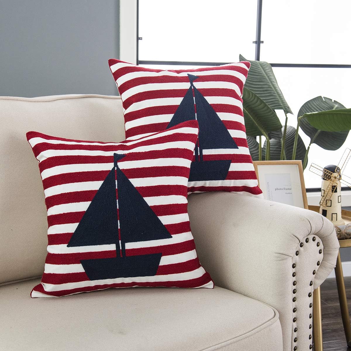 Taisier Home Nautical Sailing Boat Throw Pillow Cover Blue Anchor Sailboat Pillowcase Set of 2 Decorative Cushion Cover for Home Office Car Sofa Couch (Navy Red, 18 x 18 Inch)