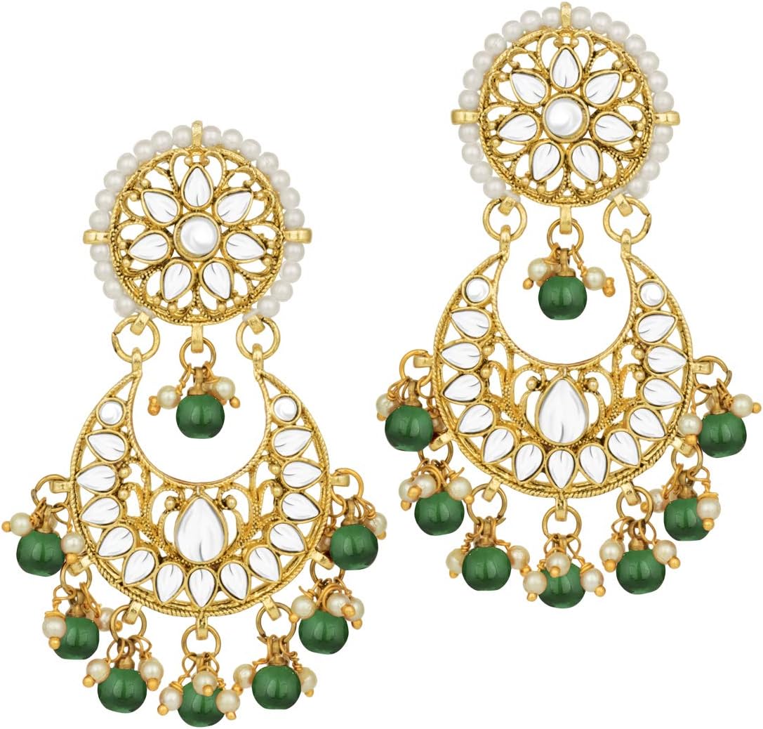 Aheli Kundan Pearl and Beads Bollywood Style Indian Traditional Ethic Earrings Maang Tikka Set Fashion Jewelry Gift for Women