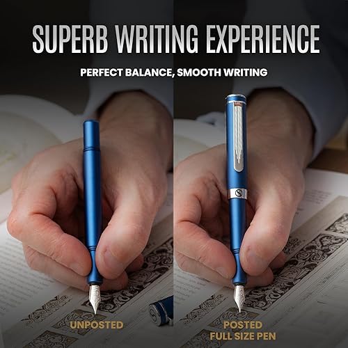 Miniatura 5 de Scriveiner Pluma estilográfica EDC de lujo (fina), impresionante bolígrafo de bolsillo azul mate, acabado cromado, punta alemana Schmidt,