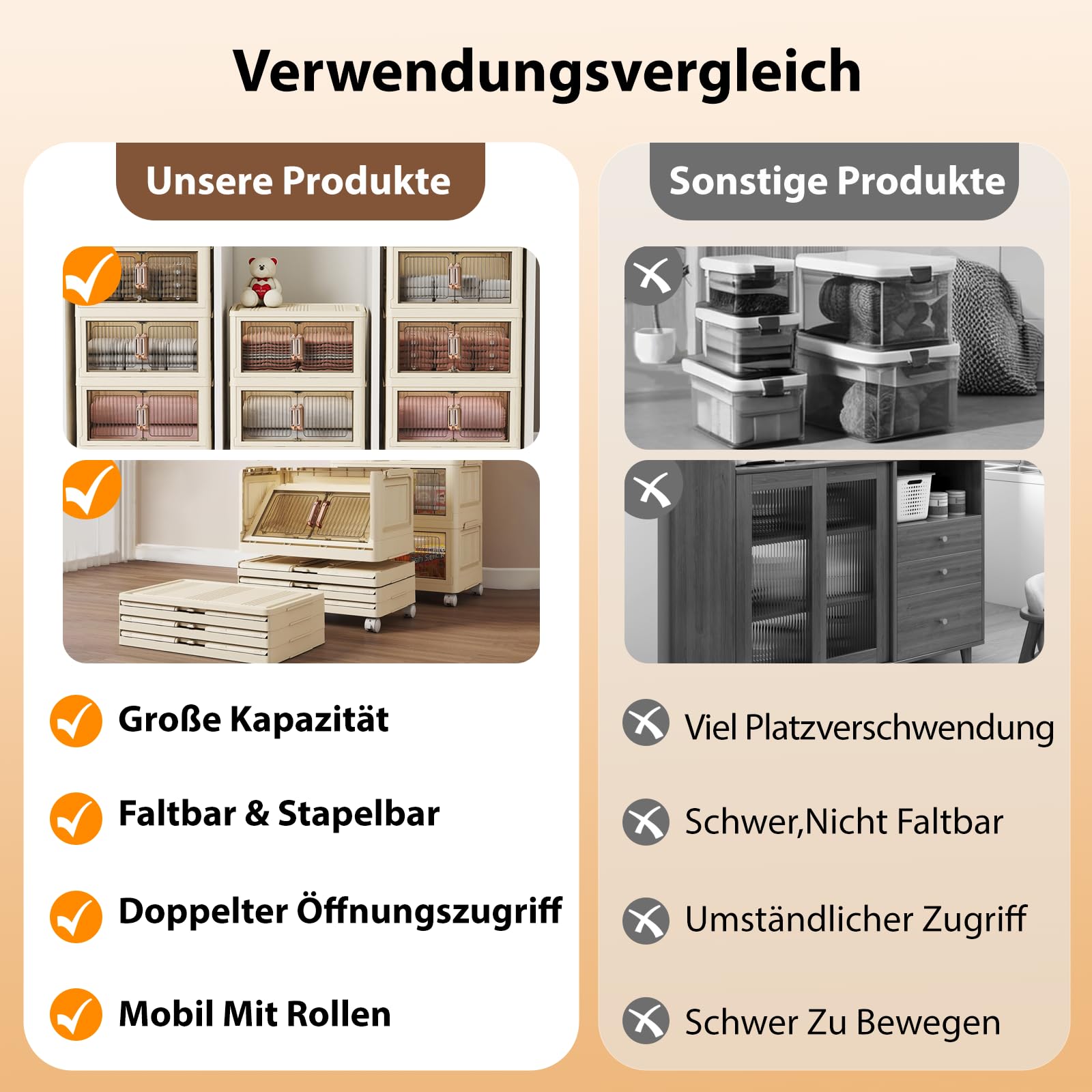 4-Ebenen Aufbewahrungsbox mit Deckel Faltbare (50cm Breite) | Plastik Stapelboxen auf Rollen 30 L Pro Ebene 120 L für Haus und Büro Organisation und Lagerung