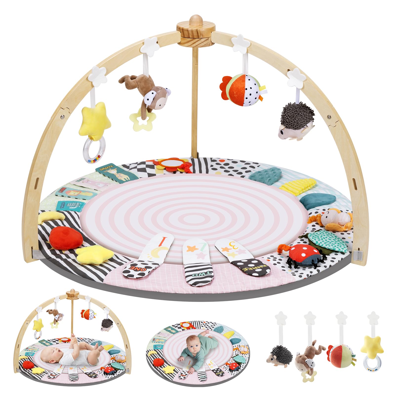Suihuooo Baby Play Mat Activity Gym,6 Developmental Zones Tummy Time Mat, Wooden Baby Play Gym with 7 Detachable Sensory Toys for Newborn Brain
