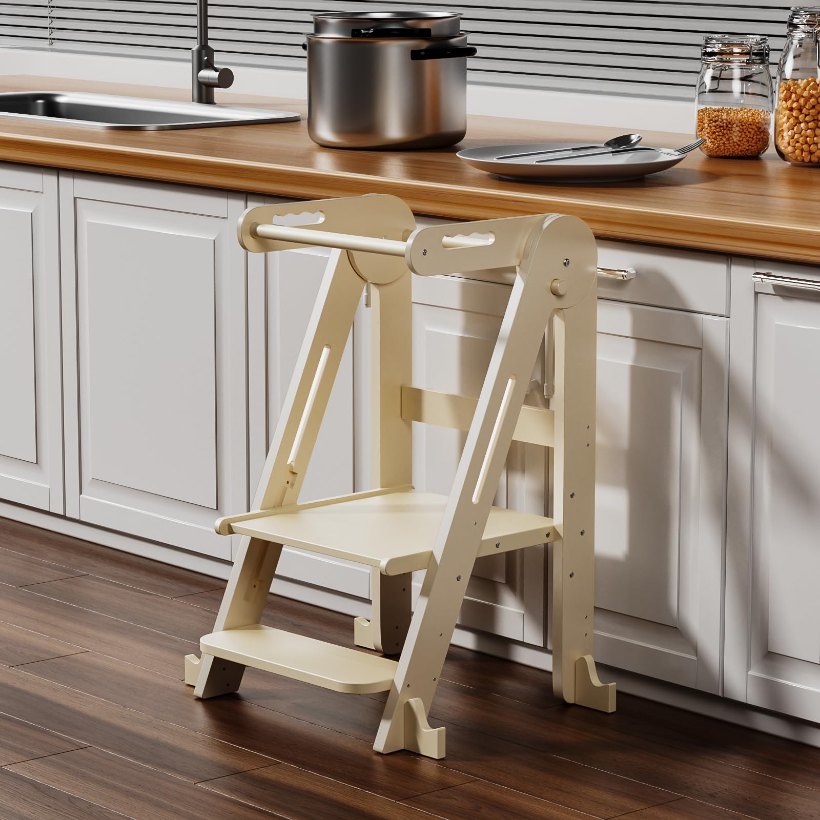 Klappbarer Toddler Tower Tritthocker, Höhenverstellbarer Kinderhocker mit Sicherheitsleiste & Rutschschutz, Kleinkind-Turm für Badezimmer & Wohnzimmer – Für Kinder ab 1,5 Jahren(Naturfarbe)