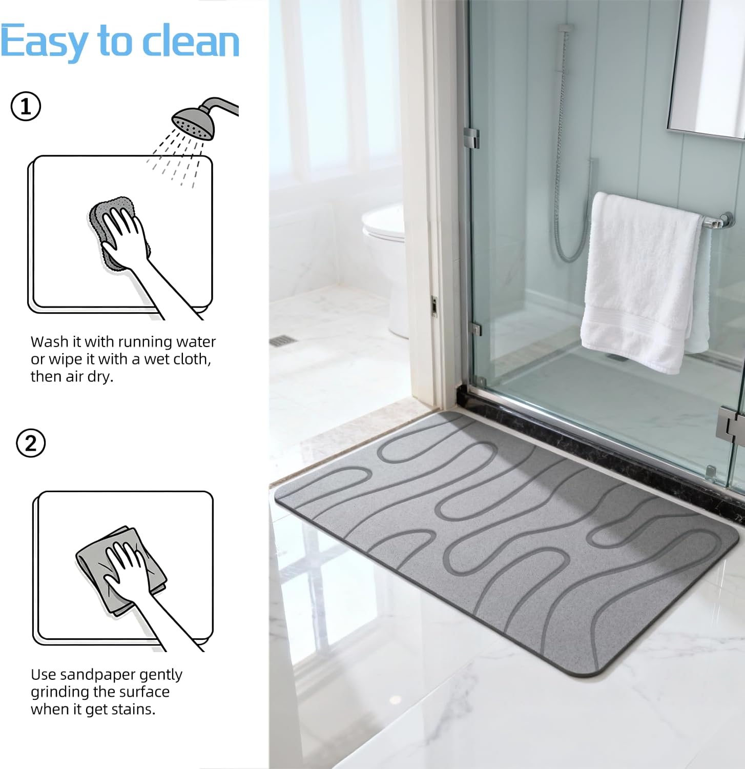 Stone Bath Mat, Diatomite Fast Drying Non Slip Stone Shower Mat, Super Absorbent for Bathroom & Kitchen, Multi-Use as Pet Mat, Easy to Clean 16"x24", Gray - Image 8