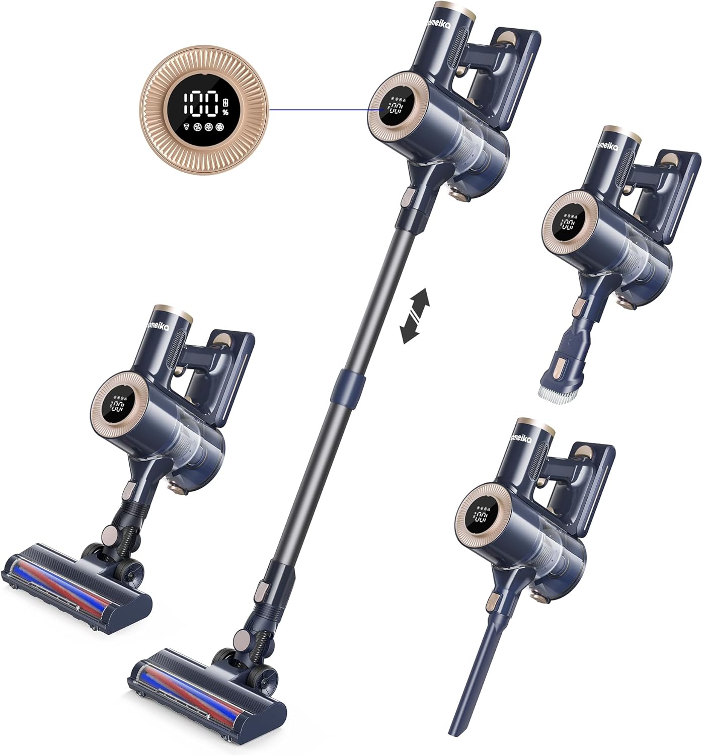 Homeika- Pro Version- 28k PA Cordless Vacuum- Digital Display- 50 Min Run Time- 3 Speeds- Telescopic – 300 Watts- Brushless Motor- 8 in 1- HEPA Filter- for All Floors- Detachable Battery Blue