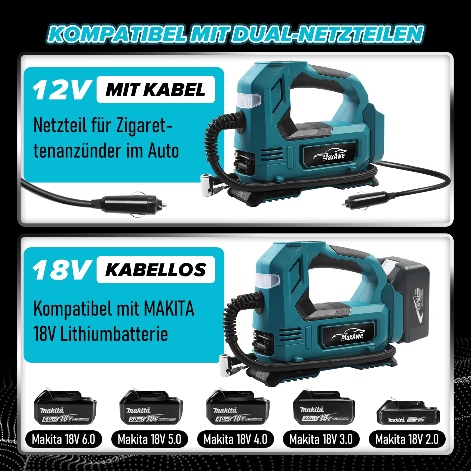 Ecarke Draadloze bandeninflator: luchtcompressor voor Ma-kita 18V batterij, max 11 bar (160 psi) - draagbare elektrische luchtpomp met digitale manometer voor auto, motorfiets, fiets, sportbal enz Ecarke Draadloze bandeninflator: luchtcompressor voor Ma-kita 18V batterij, max 11 bar (160 psi) - draagbare elektrische luchtpomp met digitale manometer voor auto, motorfiets, fiets, sportbal enz