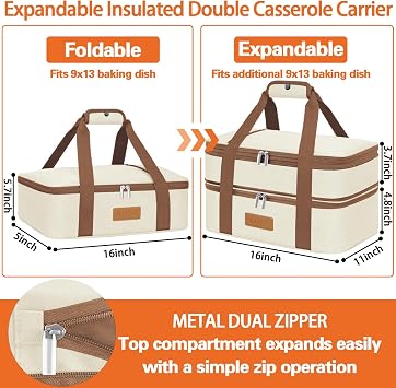 LHZK Double Decker Insulated Casserole Carrier for Hot or Cold Food, Expandable Hot Food Carrier, Lasagna Holder Tote for Potluck Parties, Picnic, Beach, Fits 11 x 15 or 9 x 13 Baking Dish (Beige)