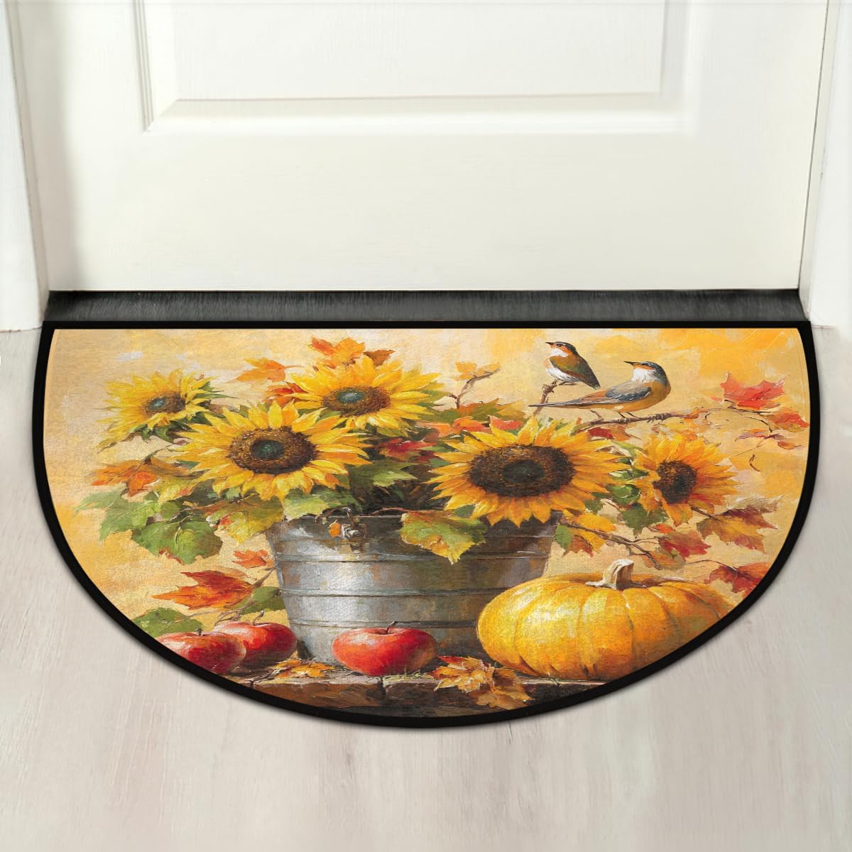 cfpolar Half Round Door Mat, Sunflower Pumpkin Apple Bird Semicircle Door Mats Non Slip Area Rugs Soft Outdoor Doormat Shoe Scraper for Front Door Entrance Garage Patio High Traffic Areas