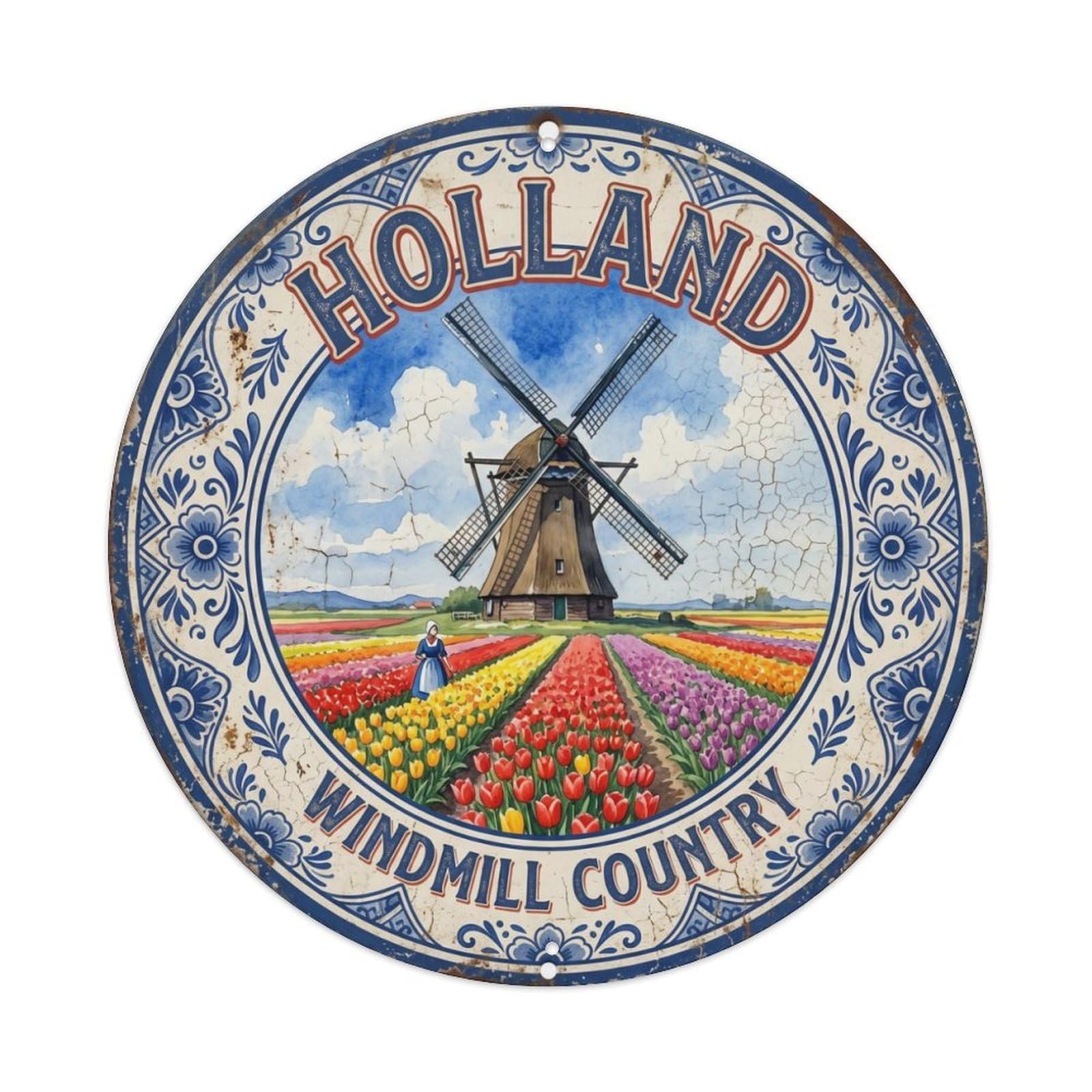 Vintage Travel Dutch Windmill Holland Metal Tin Sign Plaque Wall Decor for Cafe, Club Bar, Office, Home Garden Round Metal Poster 8x8Inch