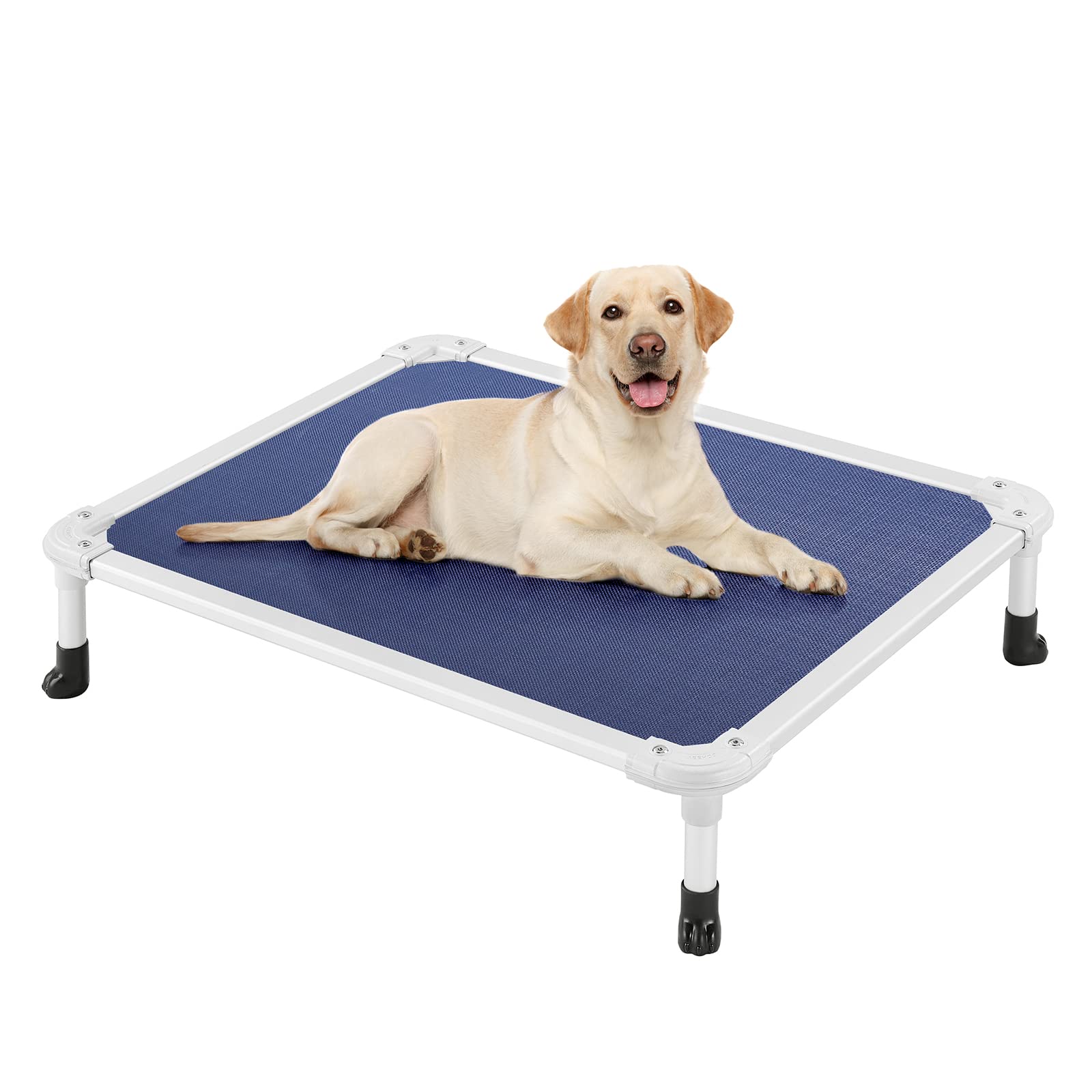 Veehoo Chew Proof Elevated Dog Bed - Cooling Raised Pet Cot - Silver Aluminum Frame and Durable Textilene Mesh Fabric, Unique Designed No-Slip Feet for Indoor or Outdoor Use, Blue, Medium