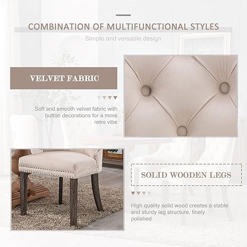 Miniatura 5 de Juego de 2 sillas de comedor de terciopelo, sillas de comedor copetudas con ribete de anillo de clavo, sillas de comedor tapizadas con patas de