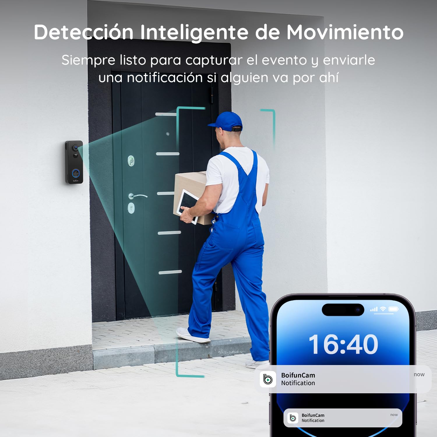BOIFUN 2K Timbre inalámbrico Exterior Impermeable, Visión 180° sin Puntos Ciegos, Instalación Sencilla, Detección Humana PIR, Visión Nocturna, en Tarjeta SD/Nube, Alerta, IP65, Solo Wi-Fi 2,4 GHz