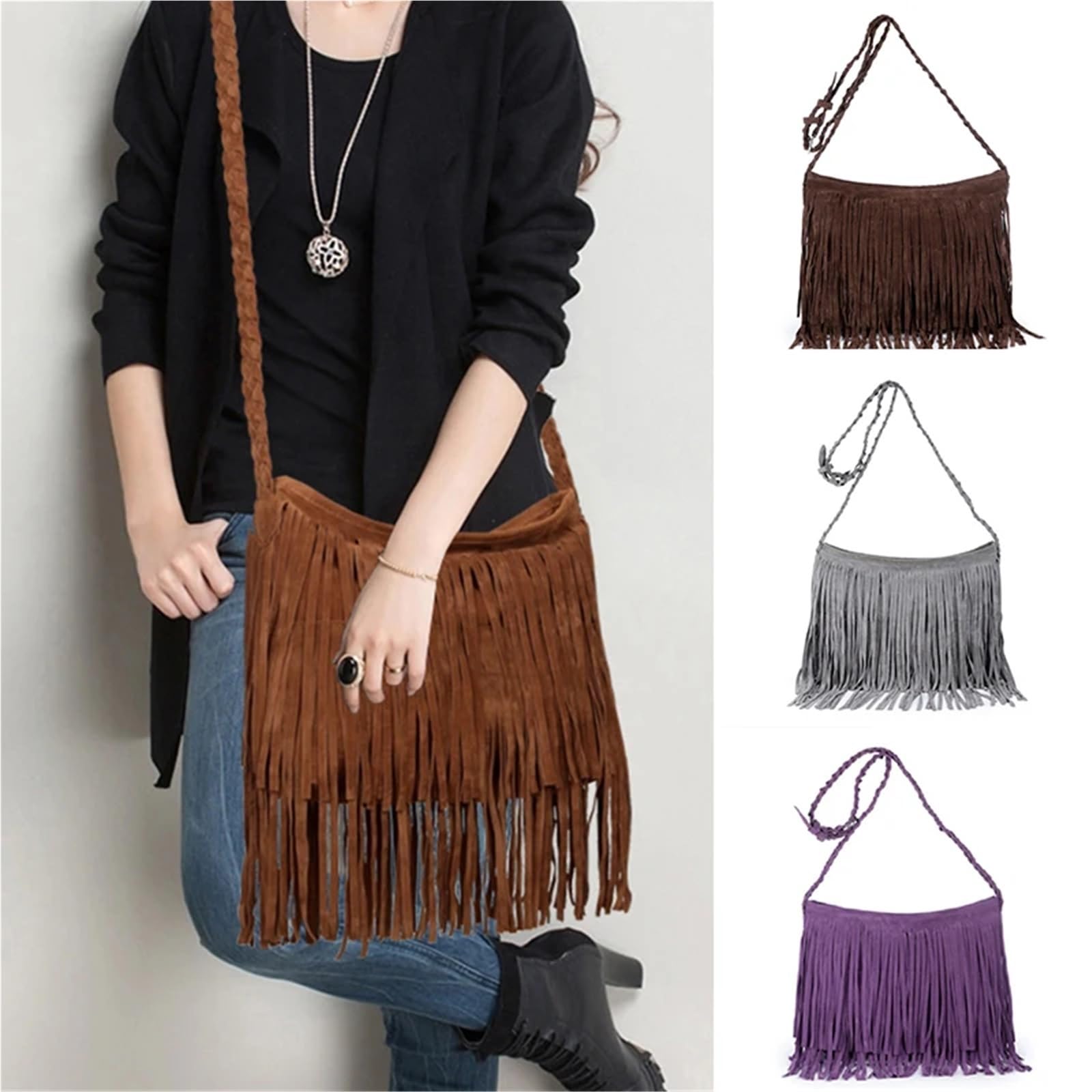 Borsa a tracolla in pelle con frange da donna e regolabile in maglia Per chi viaggia e ama il tempo libero(Color3)