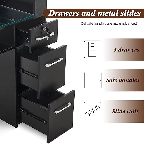 Miniatura 8 de BarberPub Mesa de manicura con cajones, estantes de almacenamiento, estación de salón de belleza, escritorio de uñas 2673 (negro)