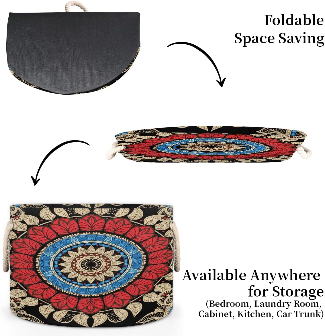 Large Storage Baskets - Red Mandala Flower Nursery Round Collapsible Organizer Bin Box, Laundry Hamper for Kids Toys, Blanket, Bedroom Living Room Home Decor, Gift Basket, 19.4"x13.3"
