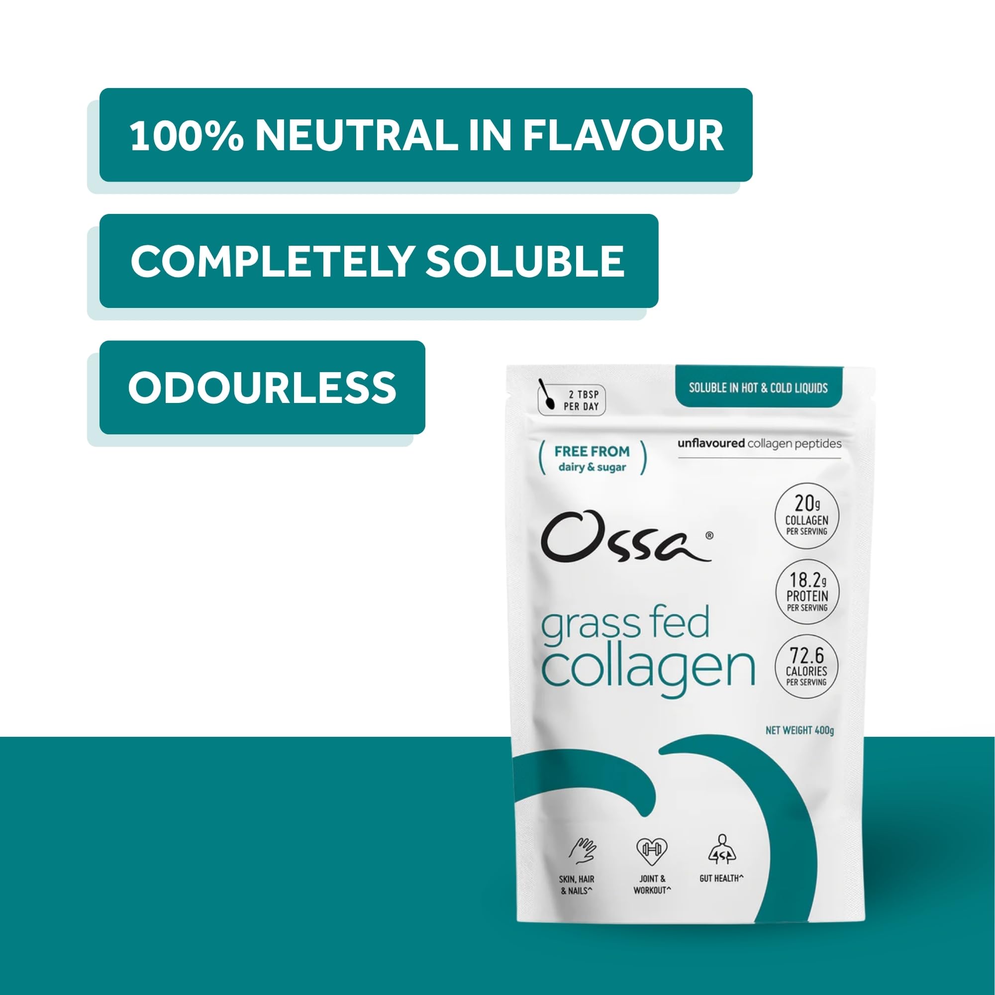 Ossa Collagen Peptide Pulver 400g | Grasfutter | Natürliches Proteinergänzungsmittel mit Aminosäuren | Keto- & Paleo-freundlich | Unterstützt gesundes Haar, Haut, Gelenke & Muskeln