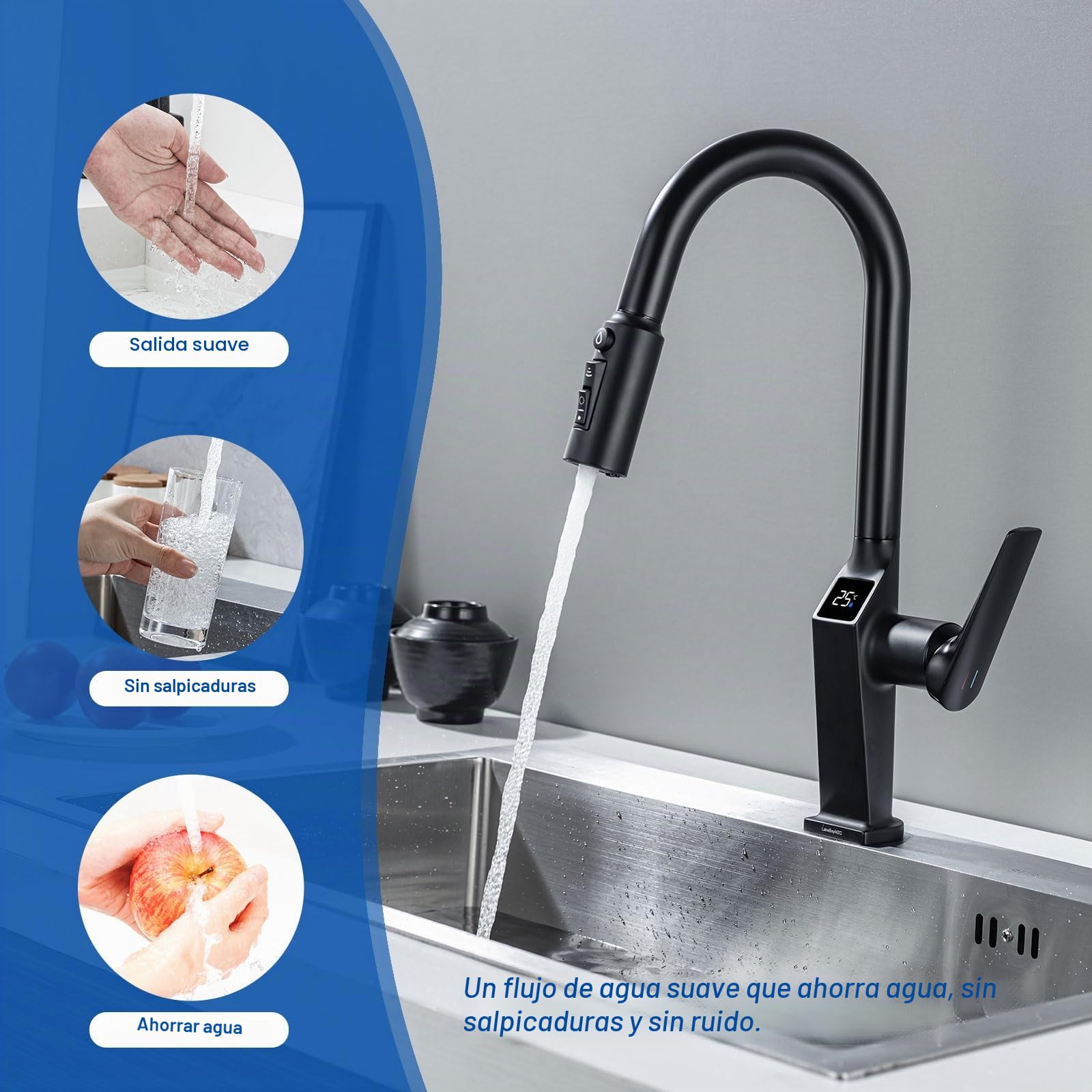 Grifo de Cocina 3 Vías Negro Extensible con Indicador Temperatura LED | Grifo Osmosis 3 vias LakeBayMZC, Grifo Monomando para Fregadero, Giratorio 360°, Acero Inoxidable 304 para Cocina, Baño Bar