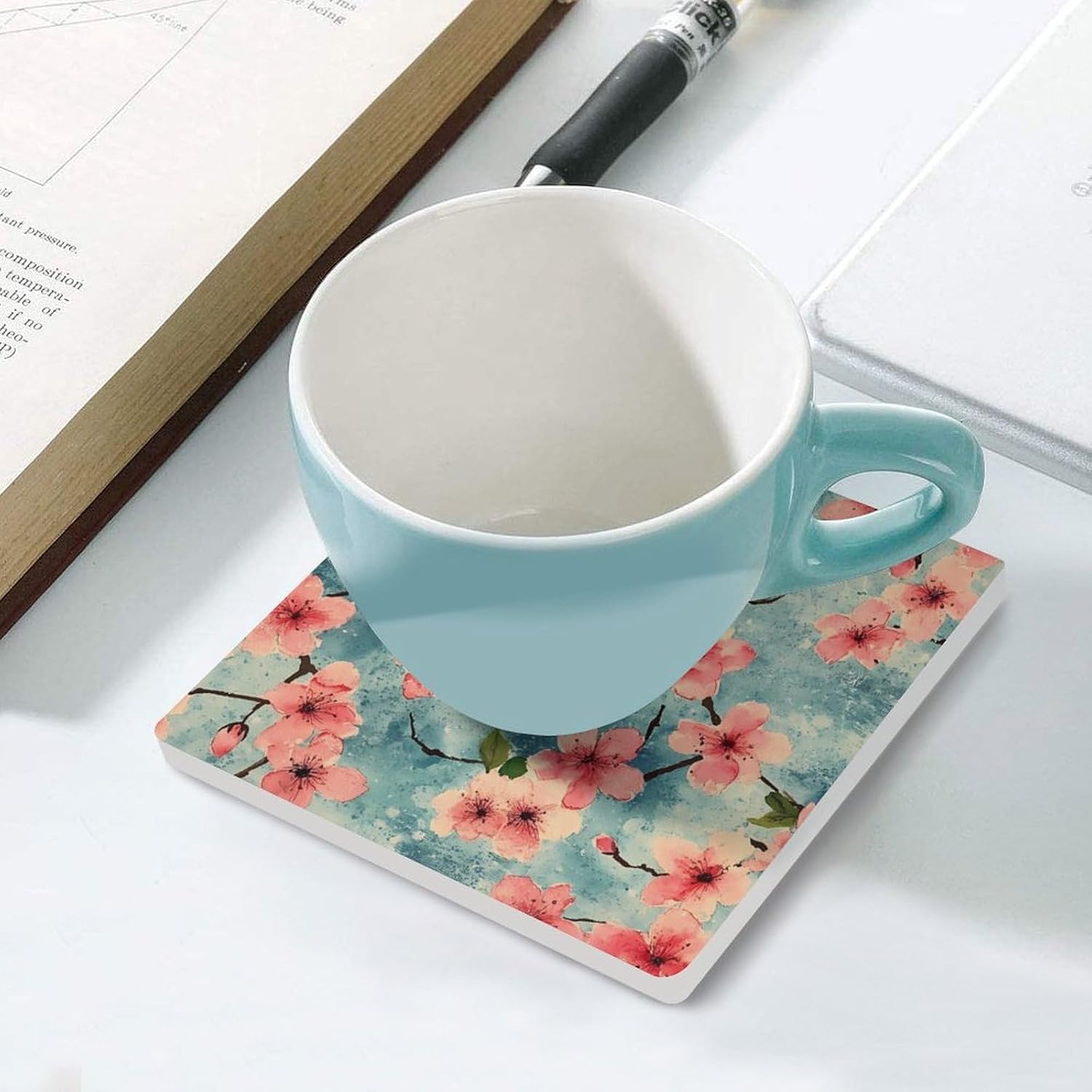 Cherry1 Watercolor Blossoming Funny Ceramic Coasters for Drinks Absorbent Cup Holder Tabletop Protector with Cork Base
