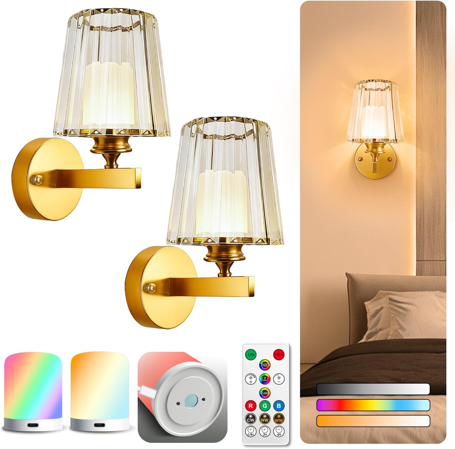 Aosclex Wall Sconces Set of Two Battery Operated, 10.4 Inch 3CCT Gold Wireless Crystal Lamp with 10,000mAh Rechargeable Magnetic Bulbs & Remote, 10 Dimmable Colors Wall Lights for Bedroom Living Room
