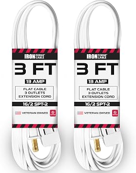 Iron Forge Cable 15 ft Flat Plug Black Extension Cord with 3 Outlets - 16/3 SJTW 3 Prong Indoor Multiple Outlets Power Cable & 2Pk 3ft White Extension Cord 3 Outlet 16/2 SJTW 13AMP Electrical Cable