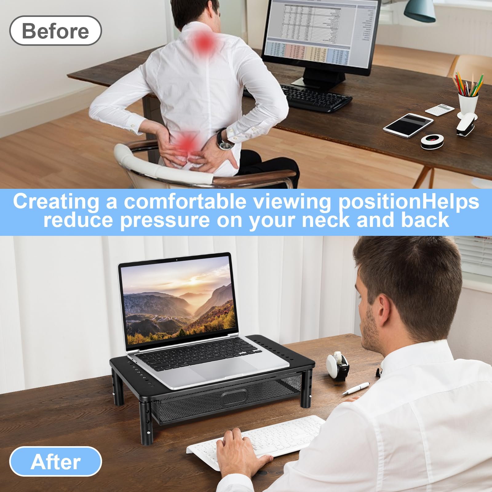 Rehausseur Ecran PC Bureau 3 Hauteurs Réglables avec Tiroir pour Moniteur | Multifonctionnel Support Moniteur, Pour Moniteur PC, Pour Ordinateur Portable
