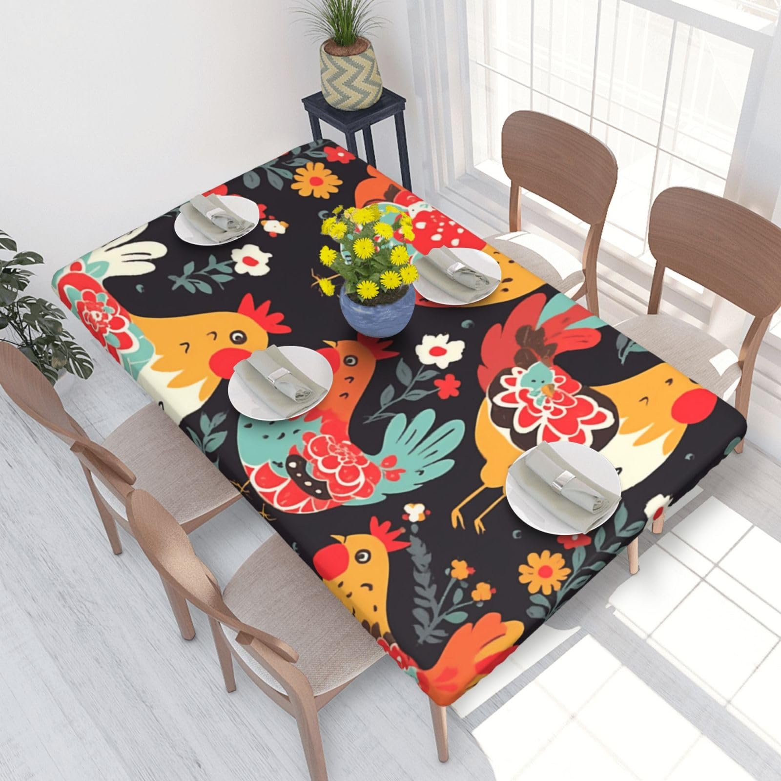 DCARSETCV Cute Rooster Chickens Printed 4FT Waterproof Tablecloth with Elastic Edged Protect & Decor Your Table, Oil-proof Washable Table Cloth Cover for Dinner Picnic Party