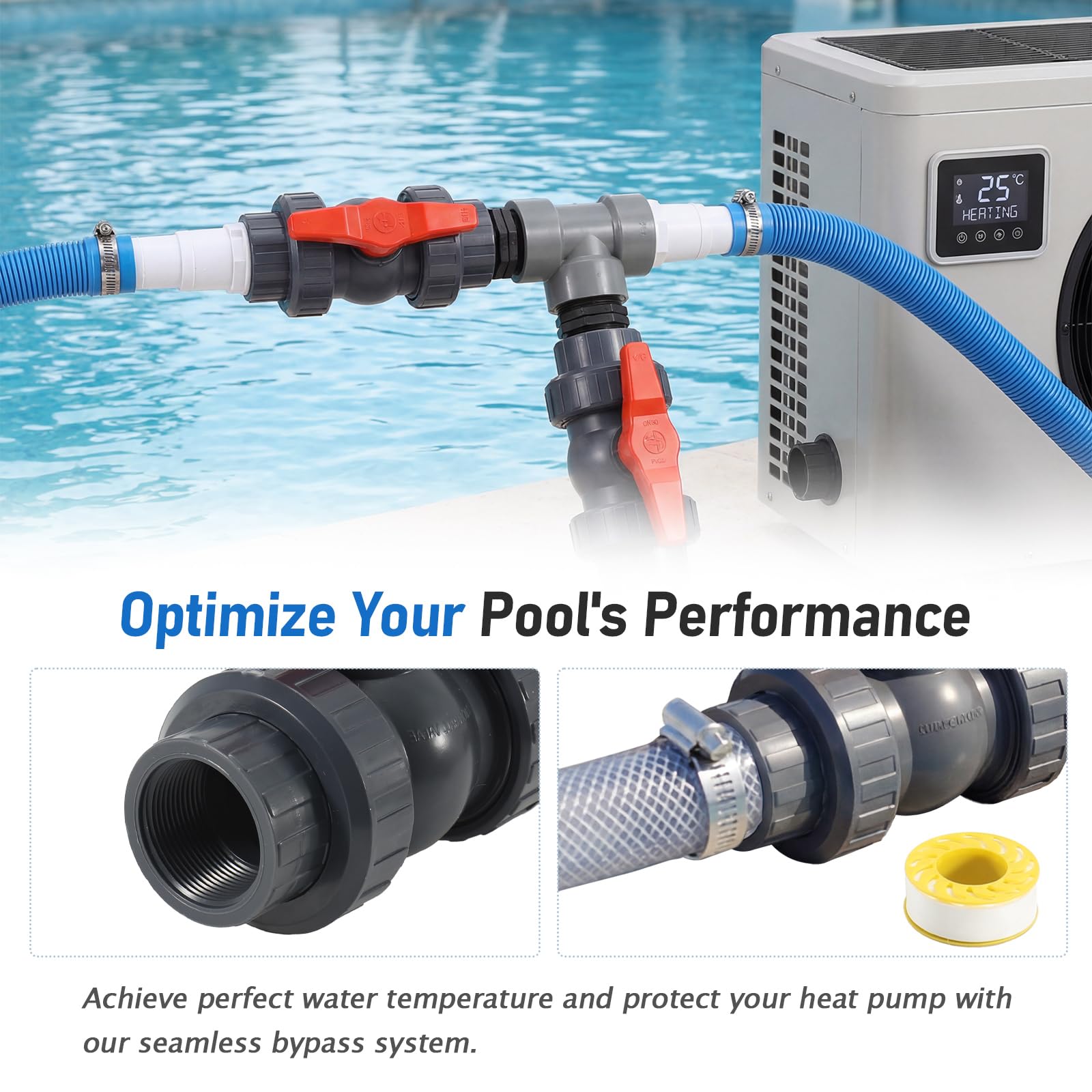 Set di Bypass per Piscina Pompa di Calore, Kit Bypass per Piscina 32/38mm, Set di Collegamento per Pompa di Calore mit Dichtband, Controllo dell'Alimentazione dell'Acqua