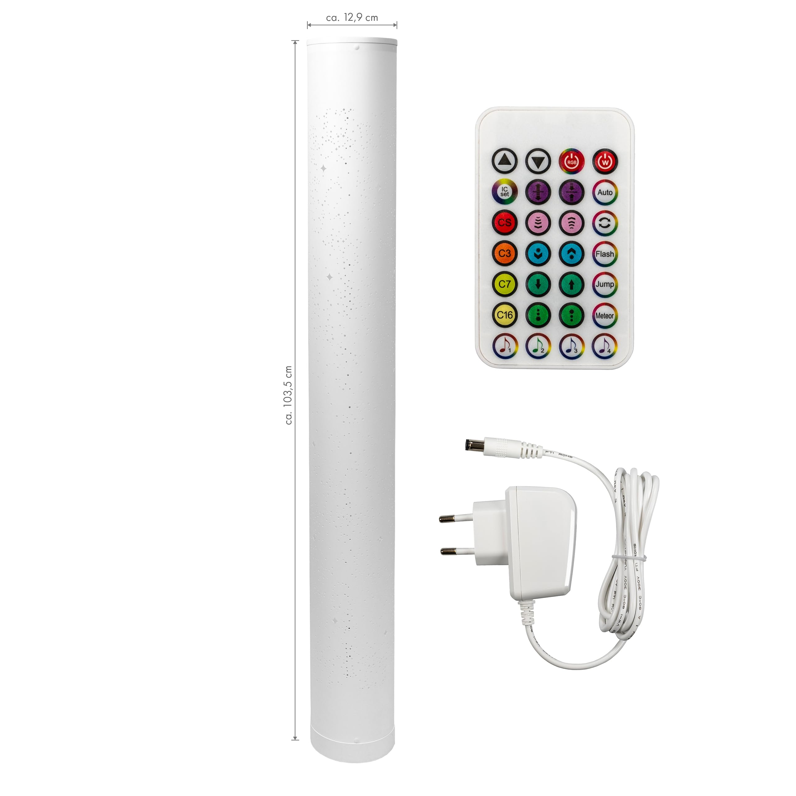Moderne LED Stehleuchte RGB & Warmweiß – 103 cm Lichtsäule montiert geliefert (Kein DIY) – Musik-Sync, Lauflicht & Funkeleffekt – Dimmbar inkl. Fernbedienung, Mattweiß, 10W