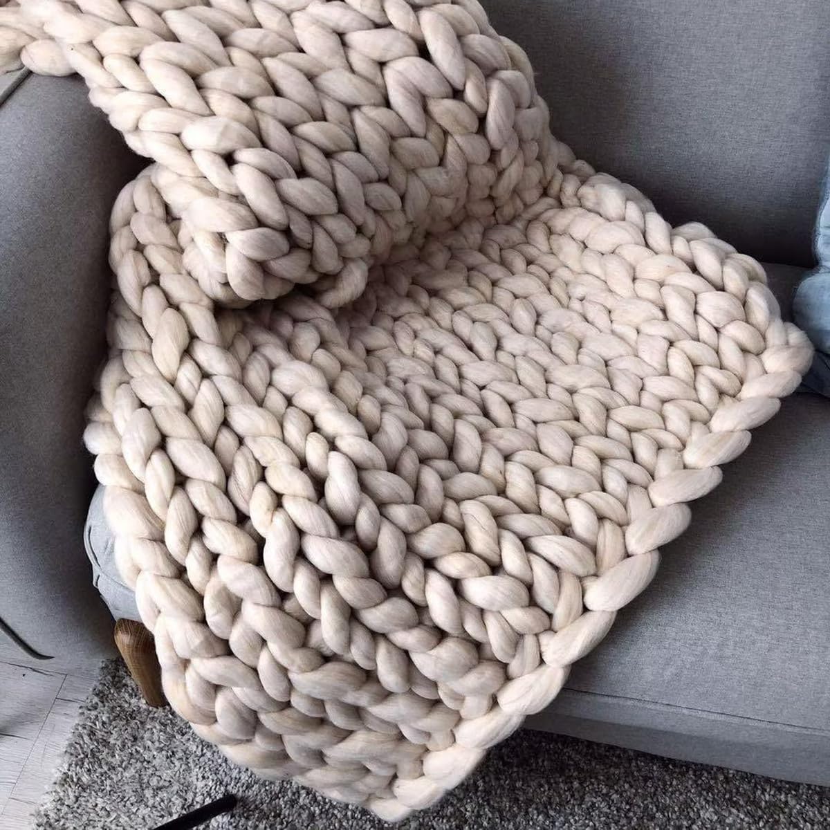 Care Spring Chunky Knit Throw Blanket Oversized, Merino Wool Yarn Handmade Knitted Throw, Boho Soft Bulky Decor Blanket for Bedroom Bed Sofa Couch,Beige,150 * 200cm