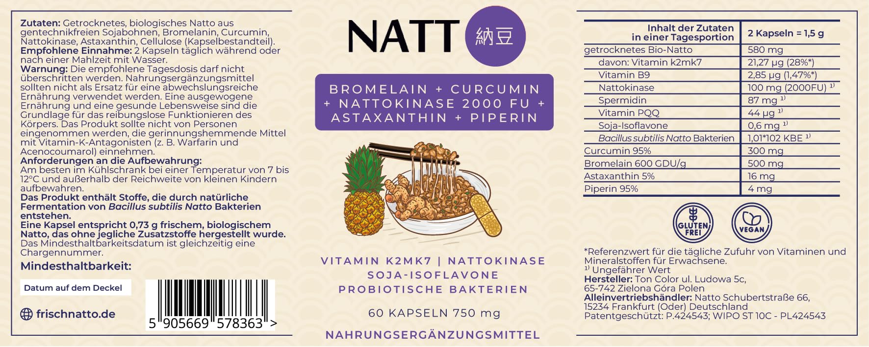 Natto + Bromelain + Curcumin + Nattokinase 2000 FU + Astaxanthin + Piperin - 60 Kapseln