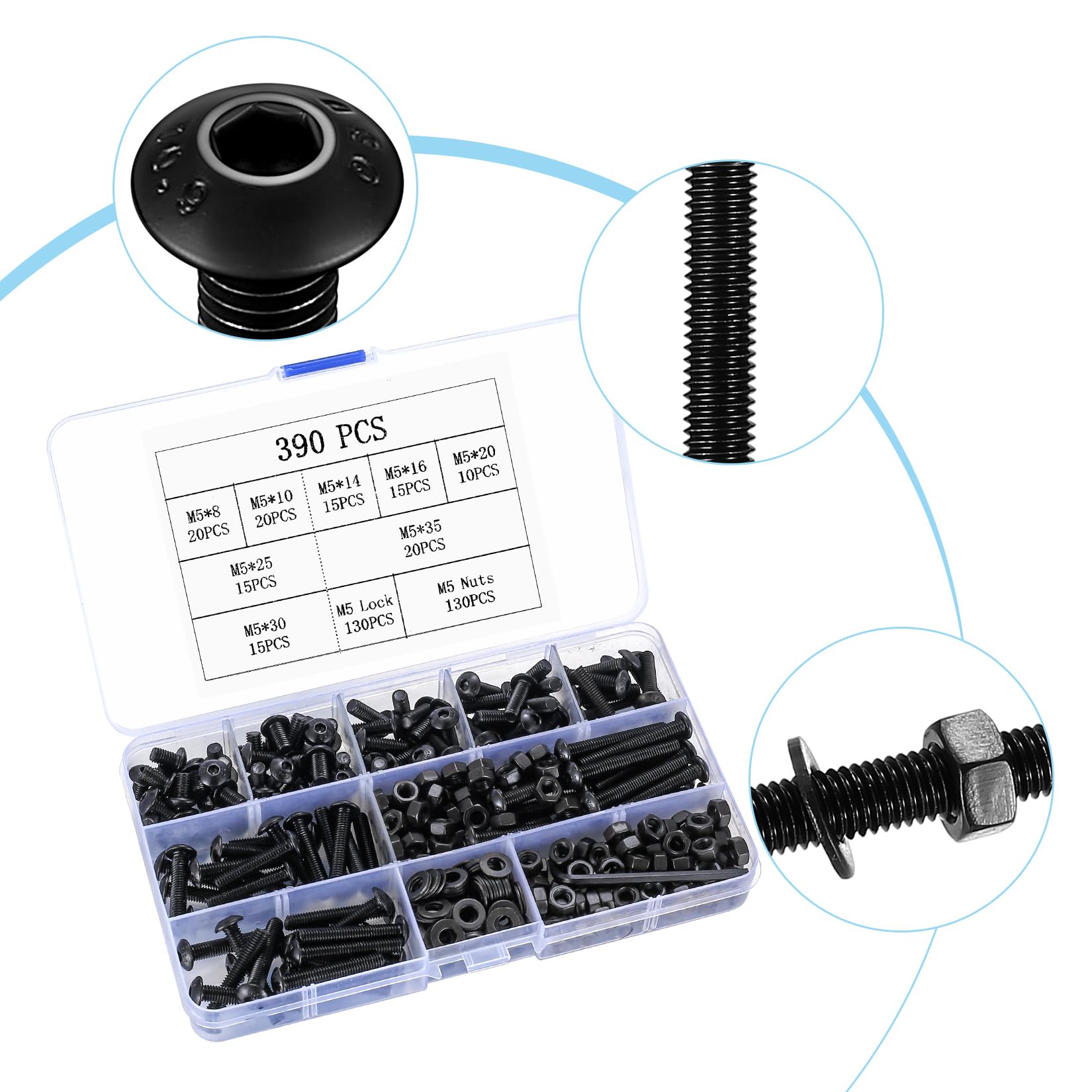 390 Pcs M5 Nuts and Bolts Set, Hex Socket Button Head Cap Screws - Image 3