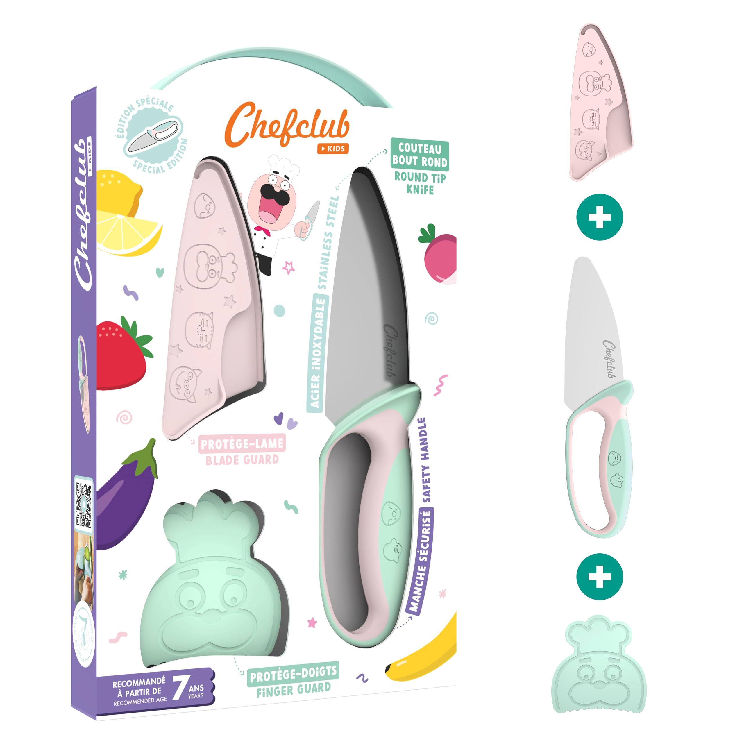 Chefclub Kids - Kit Couteau de Cuisine pour Enfants - Lame Acier Inoxydable - Protège-​Doigts et Protège-​Lame - Ustensile de cuisine Sécurisé et Ergonomique - Cadeau fille 7 ans