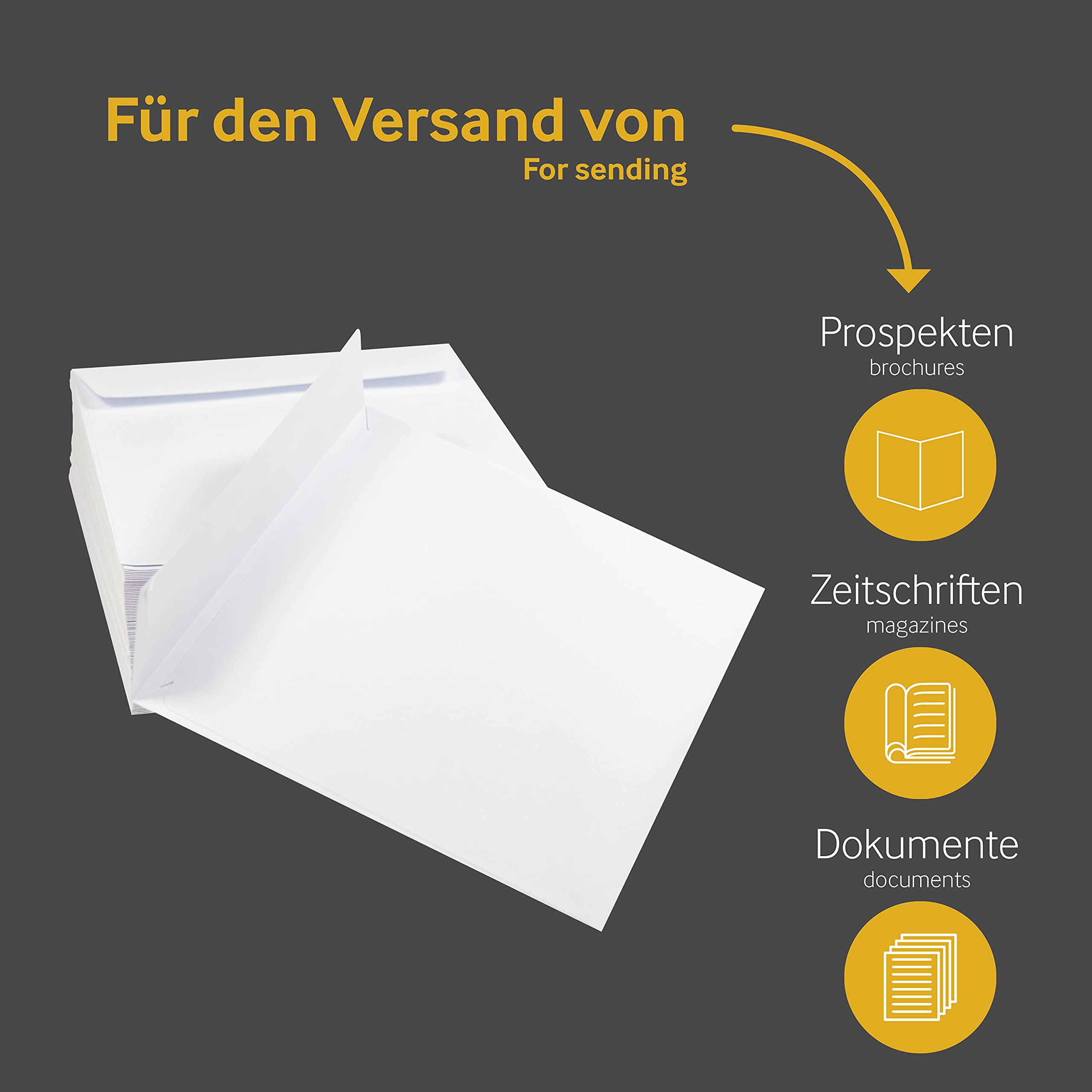 Versandtaschen DIN B4, 250 x 353 mm, mit Fenster, 250 Stück, Weiß | Haftklebung mit Abziehstreifen, Gerade Klappe, 120 g/m² Offset, Blanke Briefhüllen