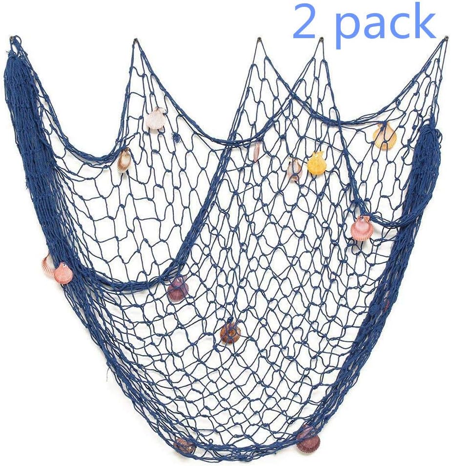Lovetree Nautical Fish Net with Sea Shells Mediterranean Style for Home Decoration Blue,2x1.5 Meter ¡­ (2 pack-blue with shells)