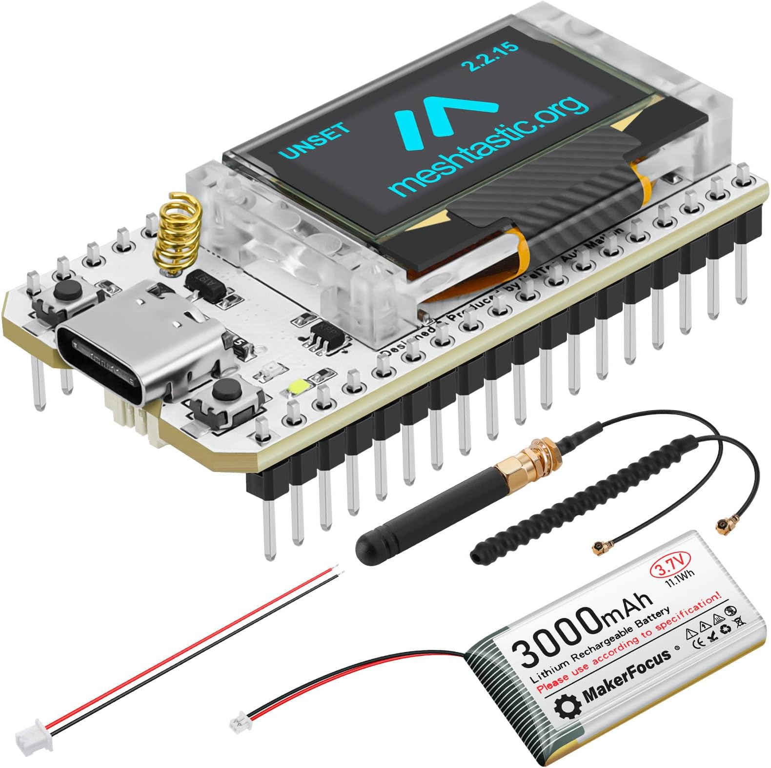 - MakerFocus ESP32 LoRa V3 Development Board with 3000mAh Battery and 915MHz Antenna, Integrated WiFi Bluetooth SX1262 CP2102 0.96-inch OLED Display Type C for Meshtastic IoT Arduino Intelligent Scene