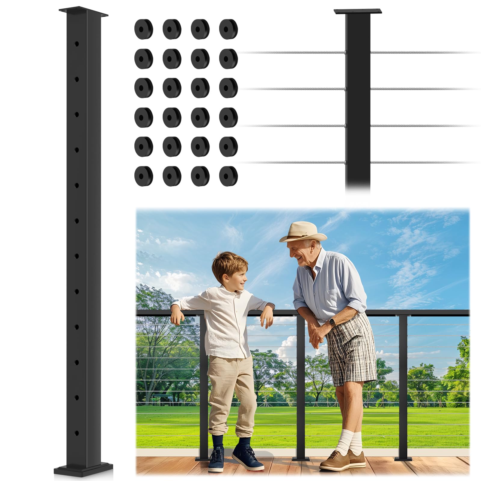42" level drilled cable railing post, fixed top heavy-duty line post with flat rubber grommets, stainless steel t304 matte black cable handrail post for indoor outdoor cable railing kit system