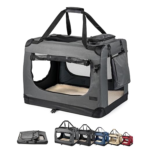 lionto Hundetransportbox faltbar für Reise & Auto, 82x58x58 cm, stabile Transportbox mit Tragegriffen & Decke für Katzen & Hunde bis 18 kg, robuste Hundebox aus Stoff für klein & groß, grau