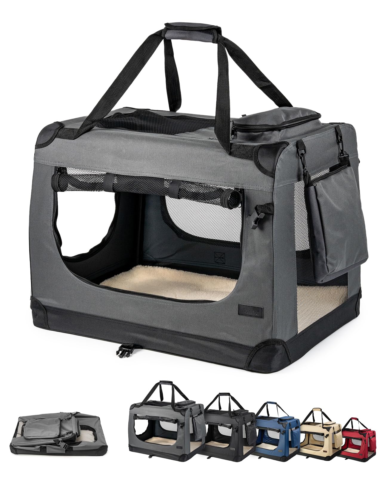 lionto Borsa trasportino per cani pieghevole per viaggi e auto, 60x42x44 cm, box di trasporto stabile con maniglie per gatti e animali fino a 12 kg, scatola in tessuto, grigio