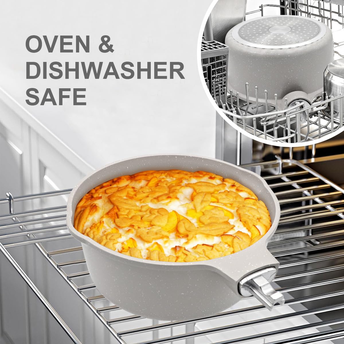 AIKENBBKK Casserole 20cm Antiadhésive avec Couvercle, 2.5L Casserole avec Poignée détachable, Résistant au four et au lave vaisselle, Pot à lait avec bec verseur (Blanc)
