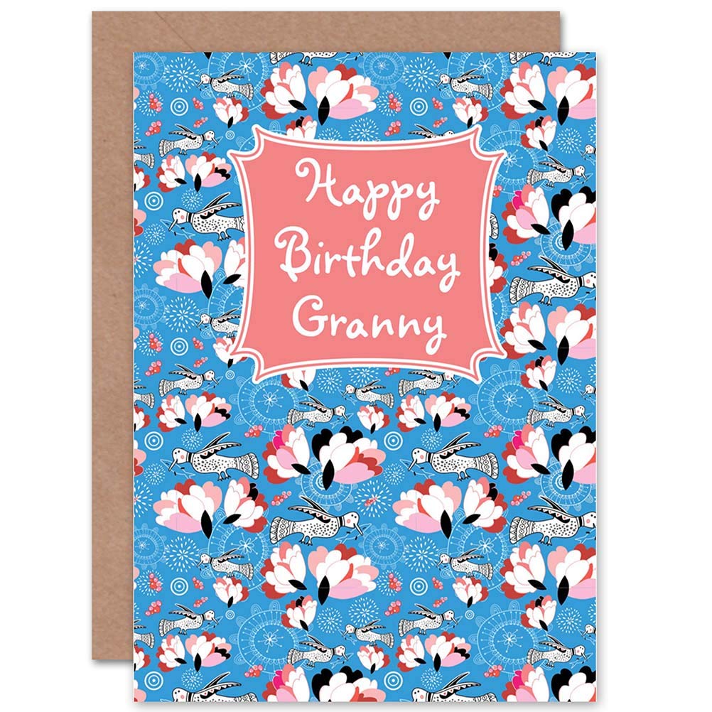 Artery8 - Greeting Card - Happy Birthday Granny Floral Birds - Blue