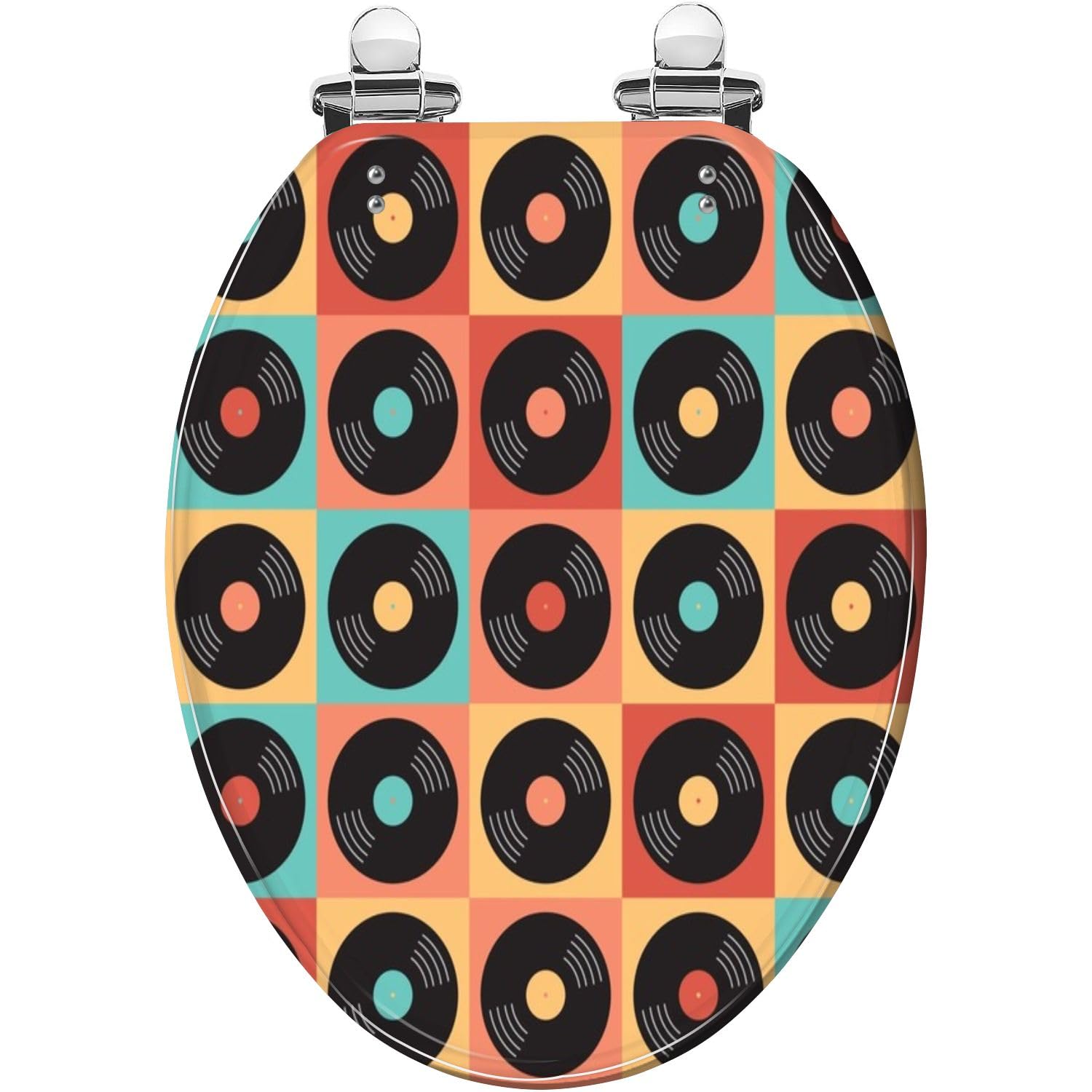 Elongated Toilet Seat Colorful seamless pattern retro vinyl records flat style Resin Toilet Seat Quietly Close Quick Release Hinges Decorative Toilet Seat with Cover Easy to Install